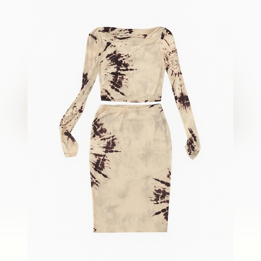 Fashion Nova Tie Dye 2 Piece Set – Long Sleeve Crop Top Midi Skirt – Beige/Black